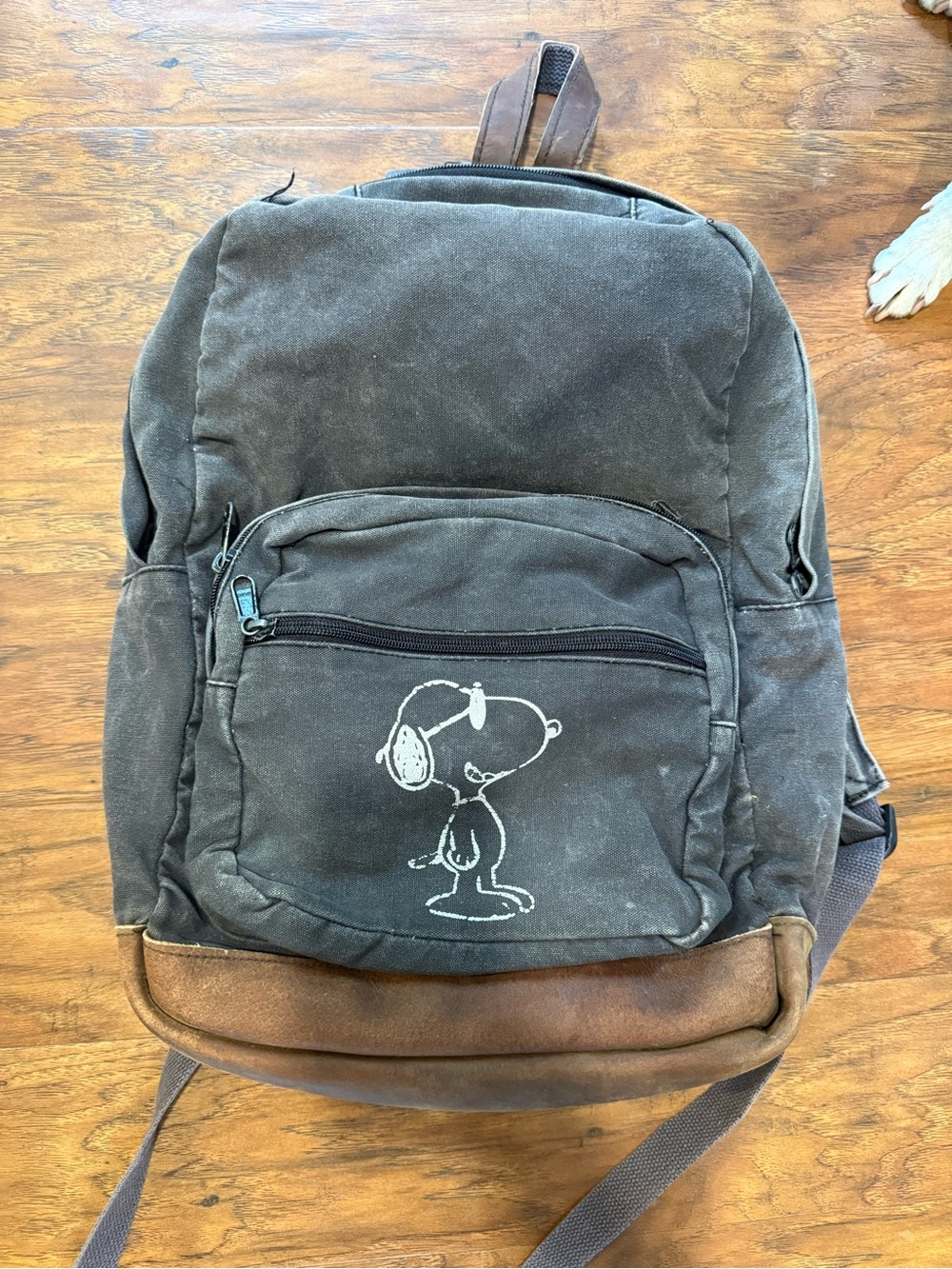 Charcoal Canvas Backpack with Brown Trim and Snoopy Graphic